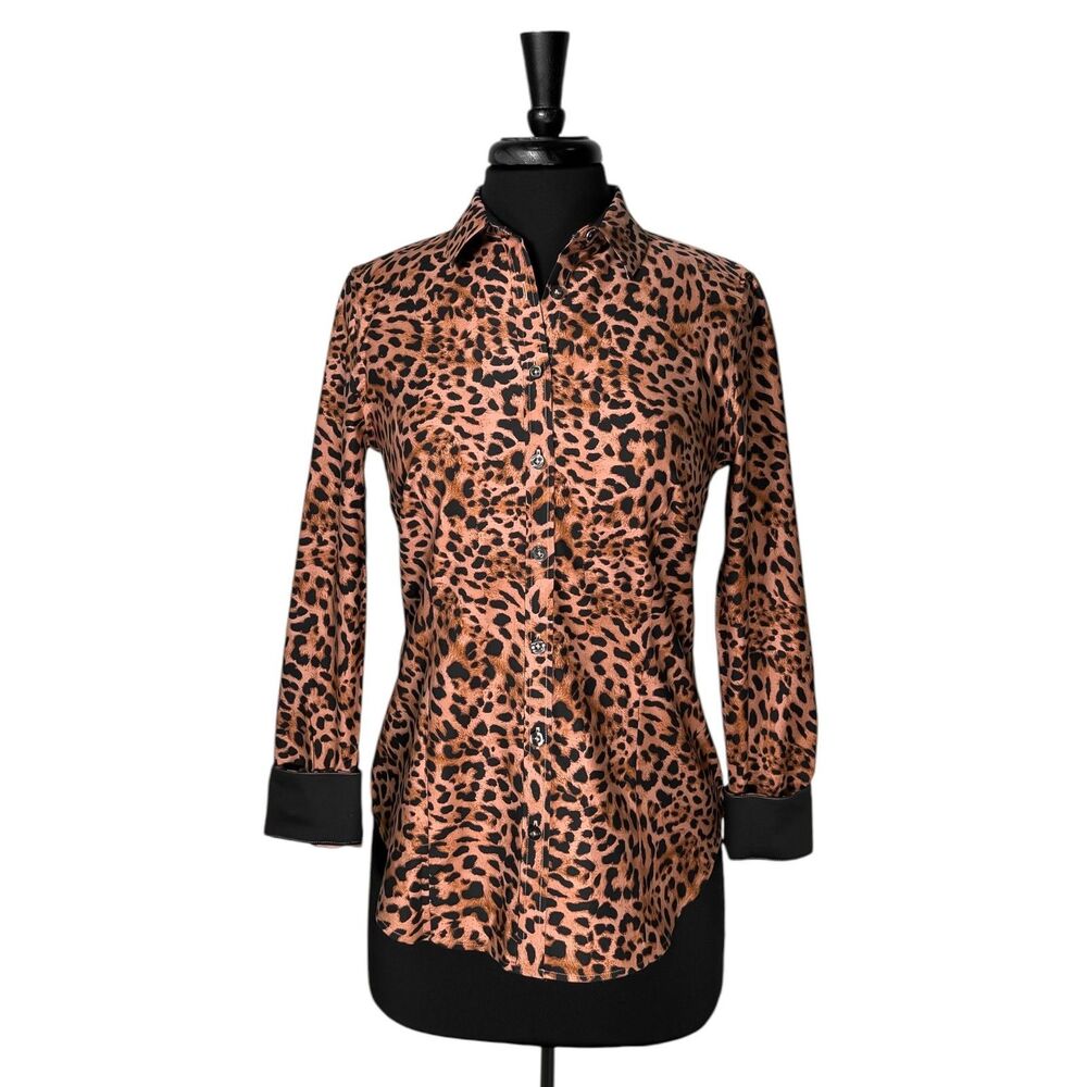 Chico's No Iron Shirt Womens 00 US 2 Leopard Print Fitted Stretch Button Up NWT